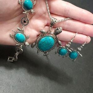 Silver tone & blue turtle jewelry set